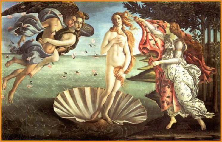 El Nacimiento de Venus, de Sandro Botticelli, el maestro que anticipó todo el Renacimiento en pintura occidental. En el medio, sobre una gran concha, Venus, hija del mar y de la espuma (el semen).