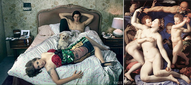 Lena Duham y Adam Driver in Vogue (izquierda), Alegoría de Agnolo Bronzino de Venus (derecha), febrero 2014.jpg
